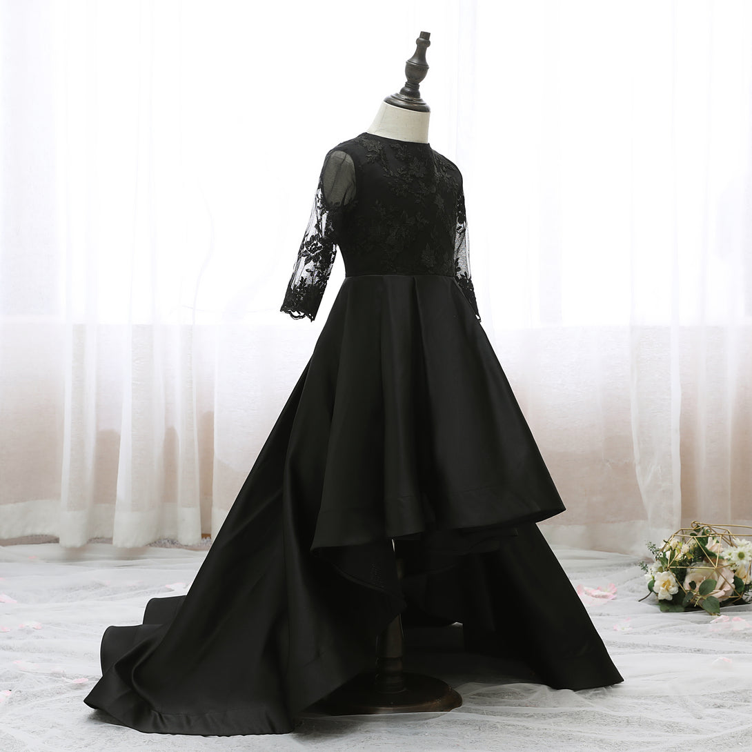 Boat Neck Long Sleeve Floor-Length Asymmetrical Lace/Satin Girls Birthday Dresses Gidiondress