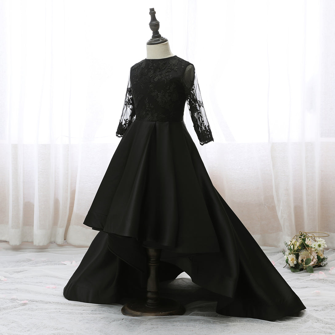 Boat Neck Long Sleeve Floor-Length Asymmetrical Lace/Satin Girls Birthday Dresses Gidiondress