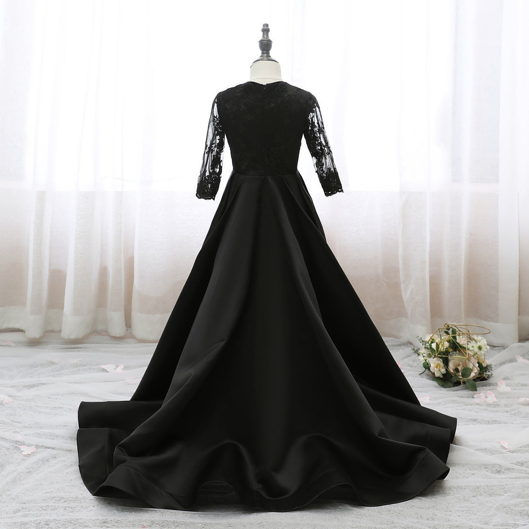 Boat Neck Long Sleeve Floor-Length Asymmetrical Lace/Satin Girls Birthday Dresses Gidiondress