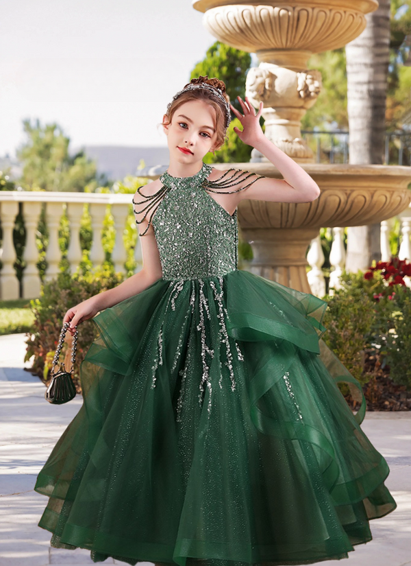 Elegant Halter Cold Shoulder Floor-Length Sequins/Tulle Girls Birthday Dresses With Beads Girls Gidiondress