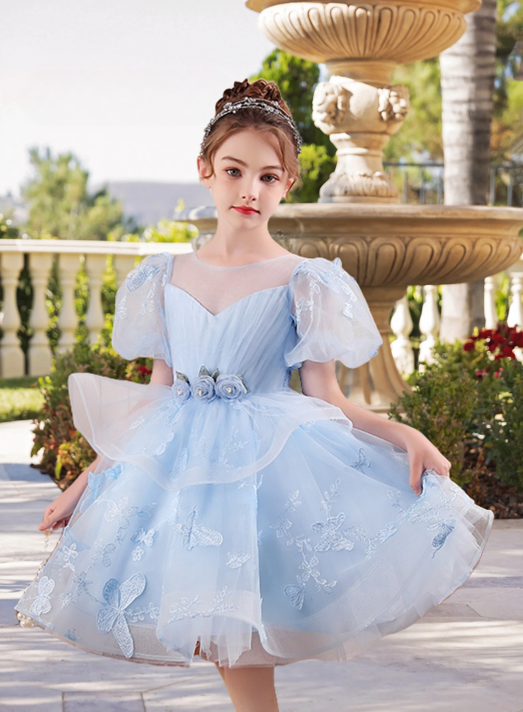 Scoop Neck Puff Sleeve Knee-Length Exquisite Lace/Tulle Girls Birthday Dresses With Pleated/Appliques/3D Flower Girls Gidiondress