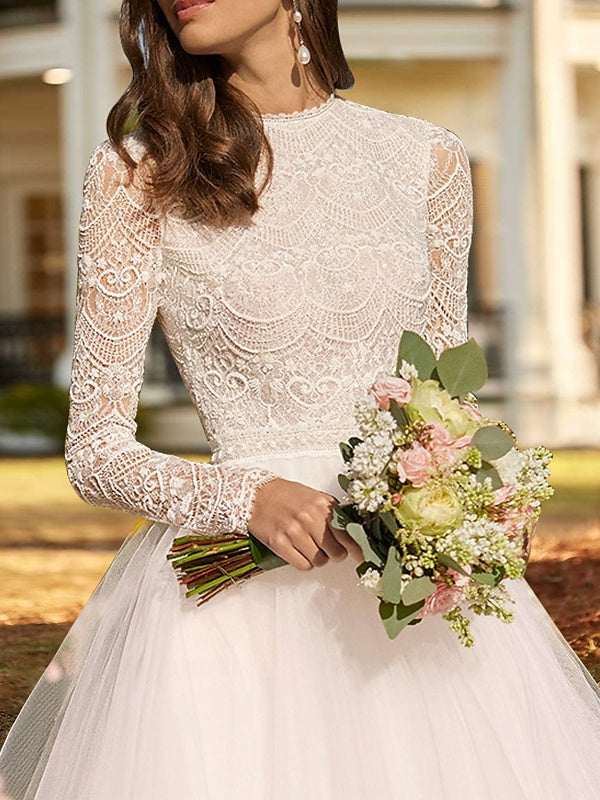 Ball Gown Lace Satin Tulle Scoop Long Sleeve Ankle Length Appliques Solid Color Wedding Dress BabaMila