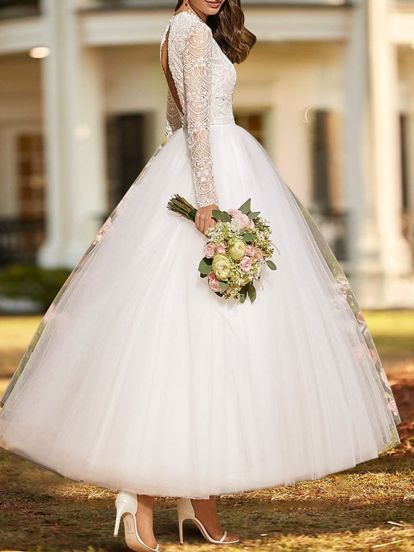 Ball Gown Lace Satin Tulle Scoop Long Sleeve Ankle Length Appliques Solid Color Wedding Dress BabaMila