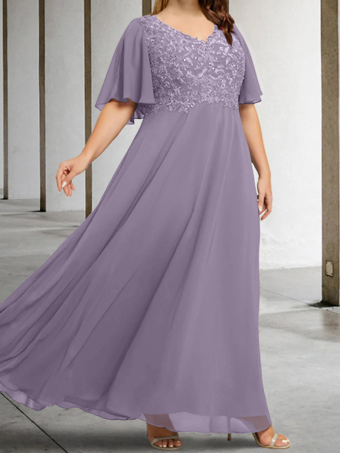 A-Line/Princess V-Neck Half Sleeves Floor-Length Mother Of The Bride Dresses With Applique BabaMila