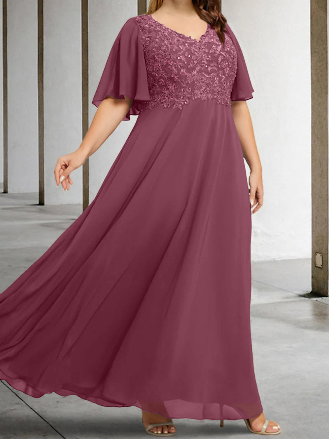 A-Line/Princess V-Neck Half Sleeves Floor-Length Mother Of The Bride Dresses With Applique BabaMila