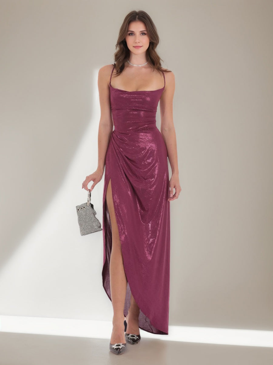 Sheath/Column Spaghetti Straps Ruched Asymmetrical Prom Dresses with Criss-cross/Lace-up BabaMila