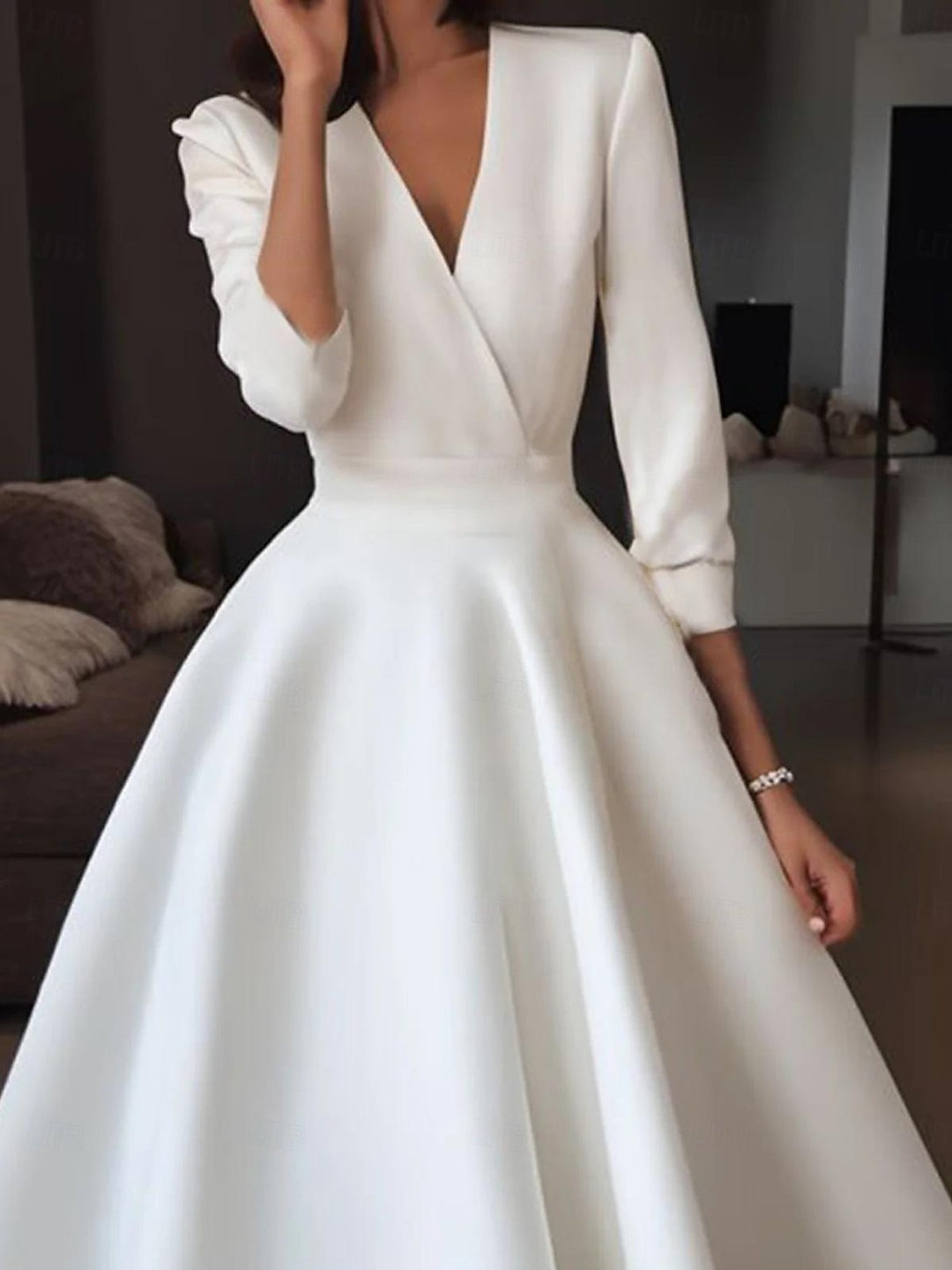 A-Line/Princess V Neck Half Sleeve Tea Length Satin Wedding Dress With Draping BabaMila