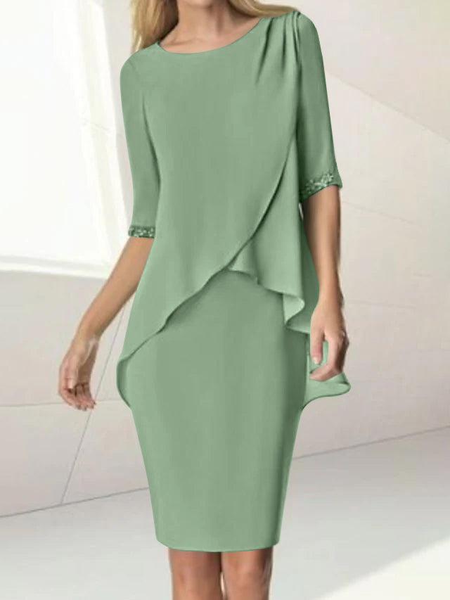 Sheath/Column Jewel Neck Knee-Length Half Sleeve Mother Of The Bride Dresses With Beading Ruching BabaMila