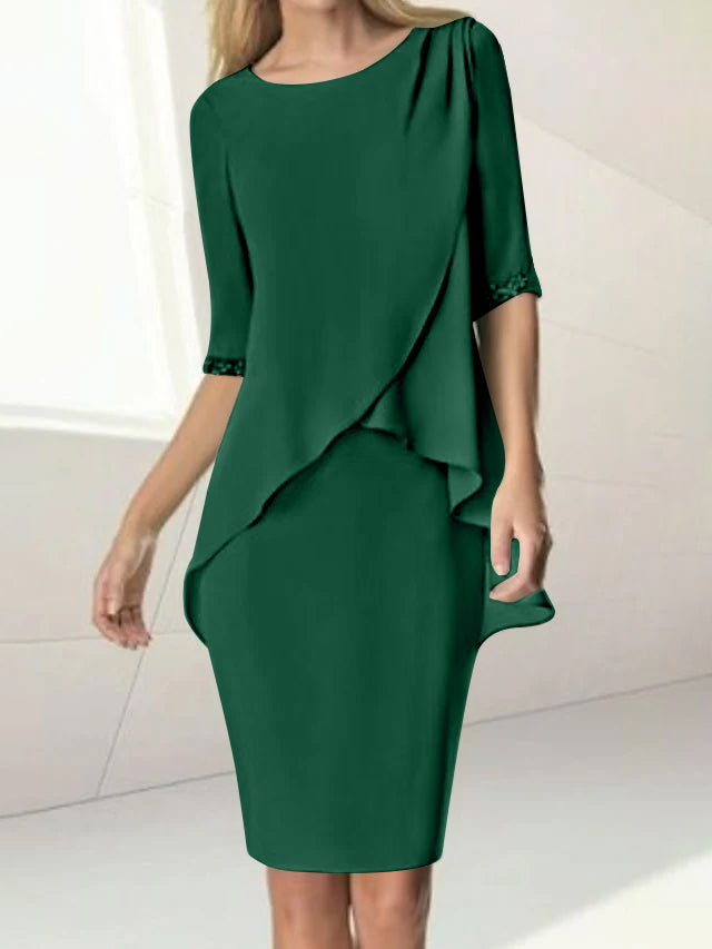 Sheath/Column Jewel Neck Knee-Length Half Sleeve Mother Of The Bride Dresses With Beading Ruching BabaMila