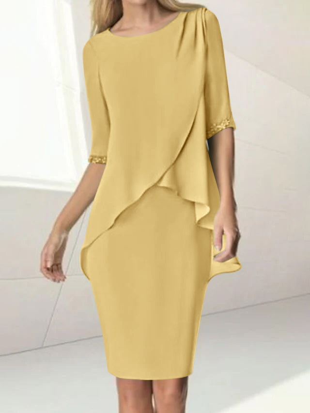 Sheath/Column Jewel Neck Knee-Length Half Sleeve Mother Of The Bride Dresses With Beading Ruching BabaMila