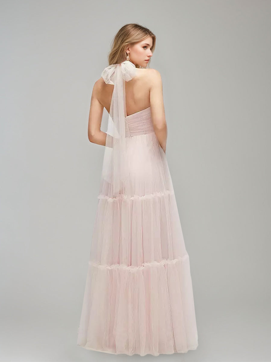 A-line/Princess Halter Sleeveless Ruched Floor-length Prom Dresses with Pleats/Self-tie Bow BabaMila