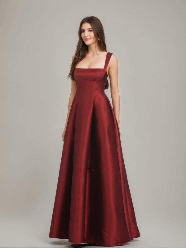 A-Line/Princess Square Neckline Floor-length Prom Dresses with Bowknot BabaMila