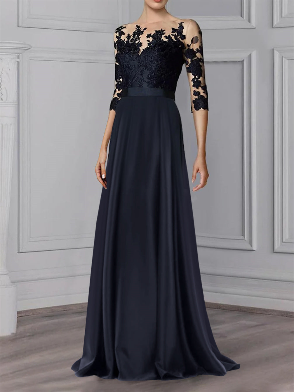A-Line/Princess Jewel Neck 3/4 Length Sleeves Floor-Length Mother Of The Bride Dresses BabaMila