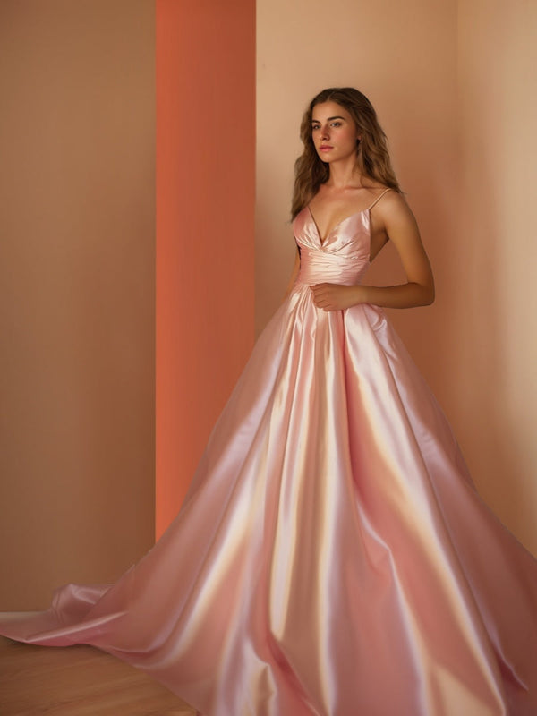 A-Line/Princess Spaghetti Straps V-Neck Floor-Length Ruched Prom Dresses BabaMila