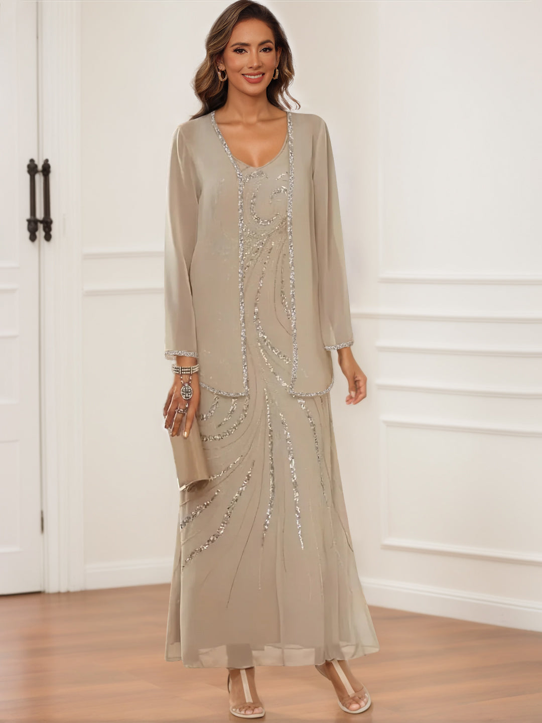 Sheath/Column V-Neck Ankle-Length Mother Of The Bride & Groom Dresses With Jacket & Sequins BabaMila