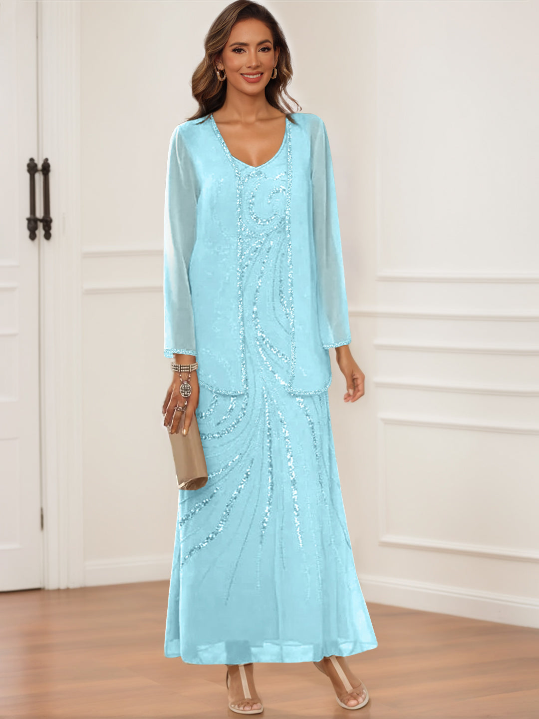 Sheath/Column V-Neck Ankle-Length Mother Of The Bride & Groom Dresses With Jacket & Sequins BabaMila