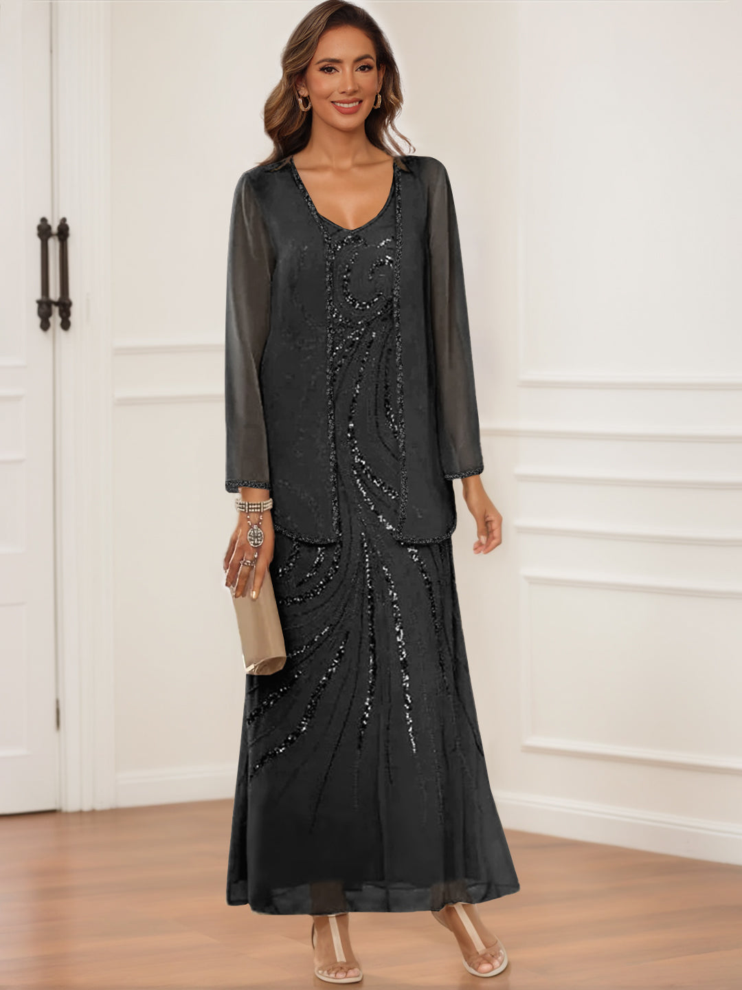Sheath/Column V-Neck Ankle-Length Mother Of The Bride & Groom Dresses With Jacket & Sequins BabaMila