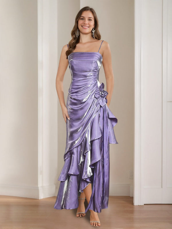 Sheath/Column Spaghetti Straps Ruched Asymmetrical Vintage Prom Dresses with Ruffles/3D Flower BabaMila