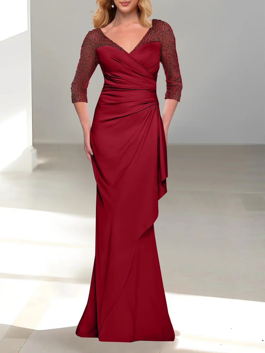 Trumpet/Mermaid V-Neck 3/4 Sleeves Mother Of The Bride Dresses With Beading BabaMila