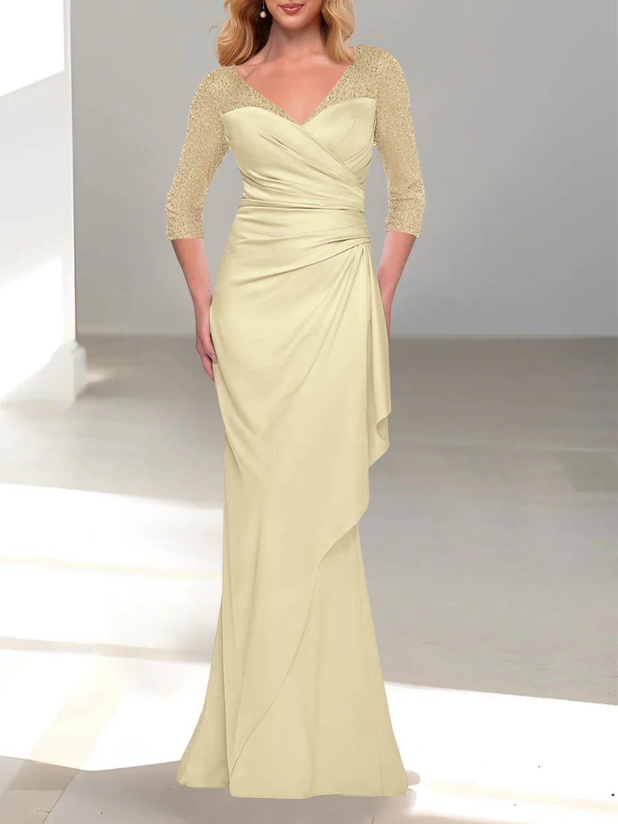 Trumpet/Mermaid V-Neck 3/4 Sleeves Mother Of The Bride Dresses With Beading BabaMila