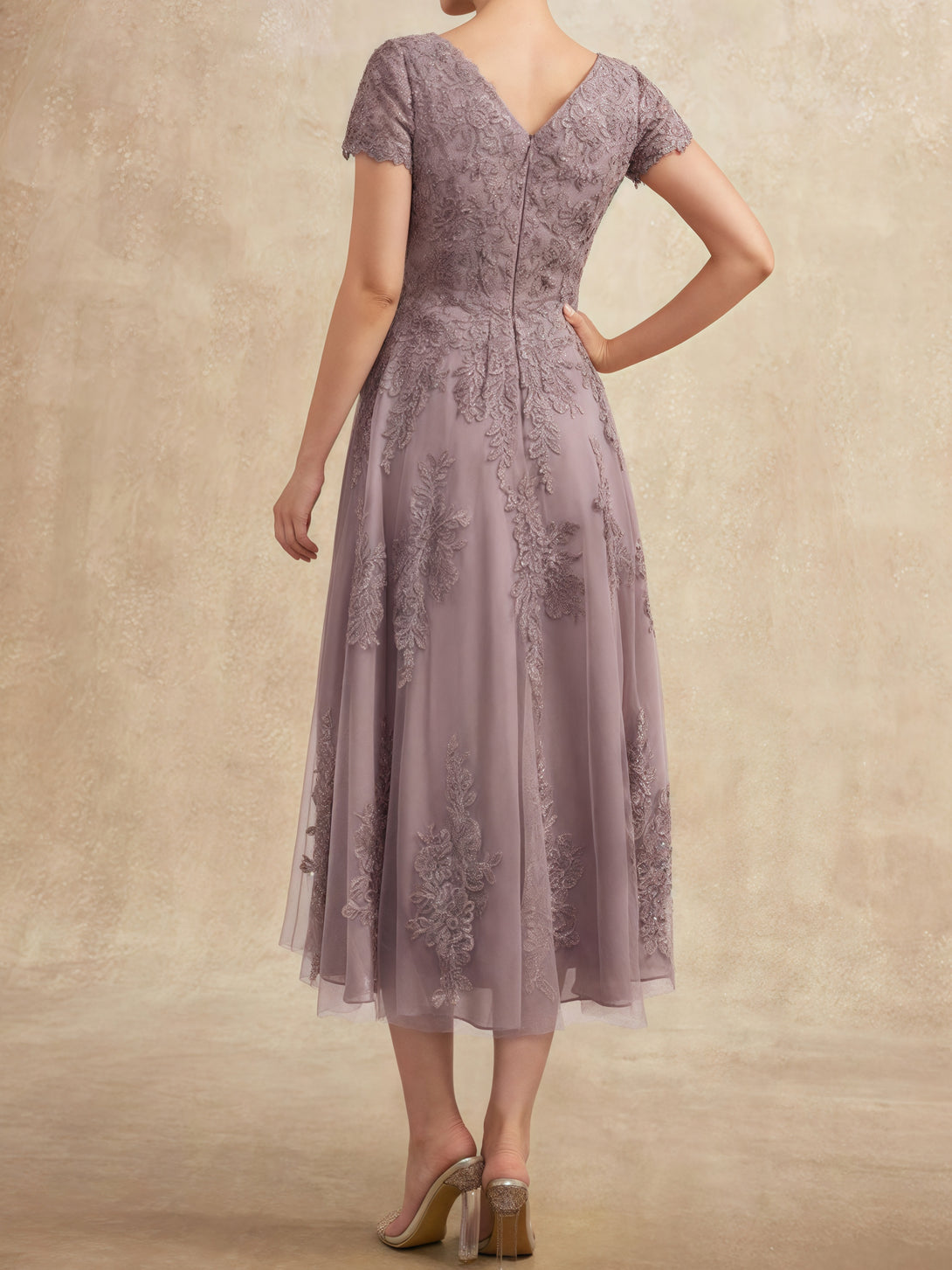 A-Line Scoop Neck Short Sleeve Tea-Length Tulle/Lace Mother of the Bride Dress With Appliques BabaMila