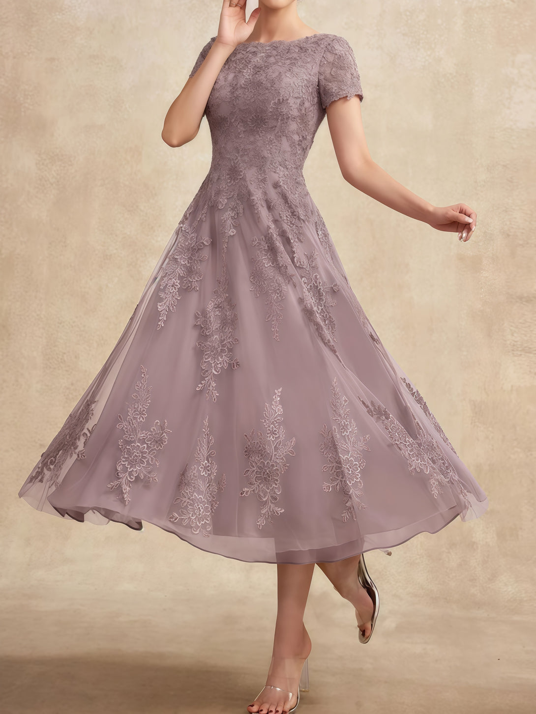 A-Line Scoop Neck Short Sleeve Tea-Length Tulle/Lace Mother of the Bride Dress With Appliques BabaMila