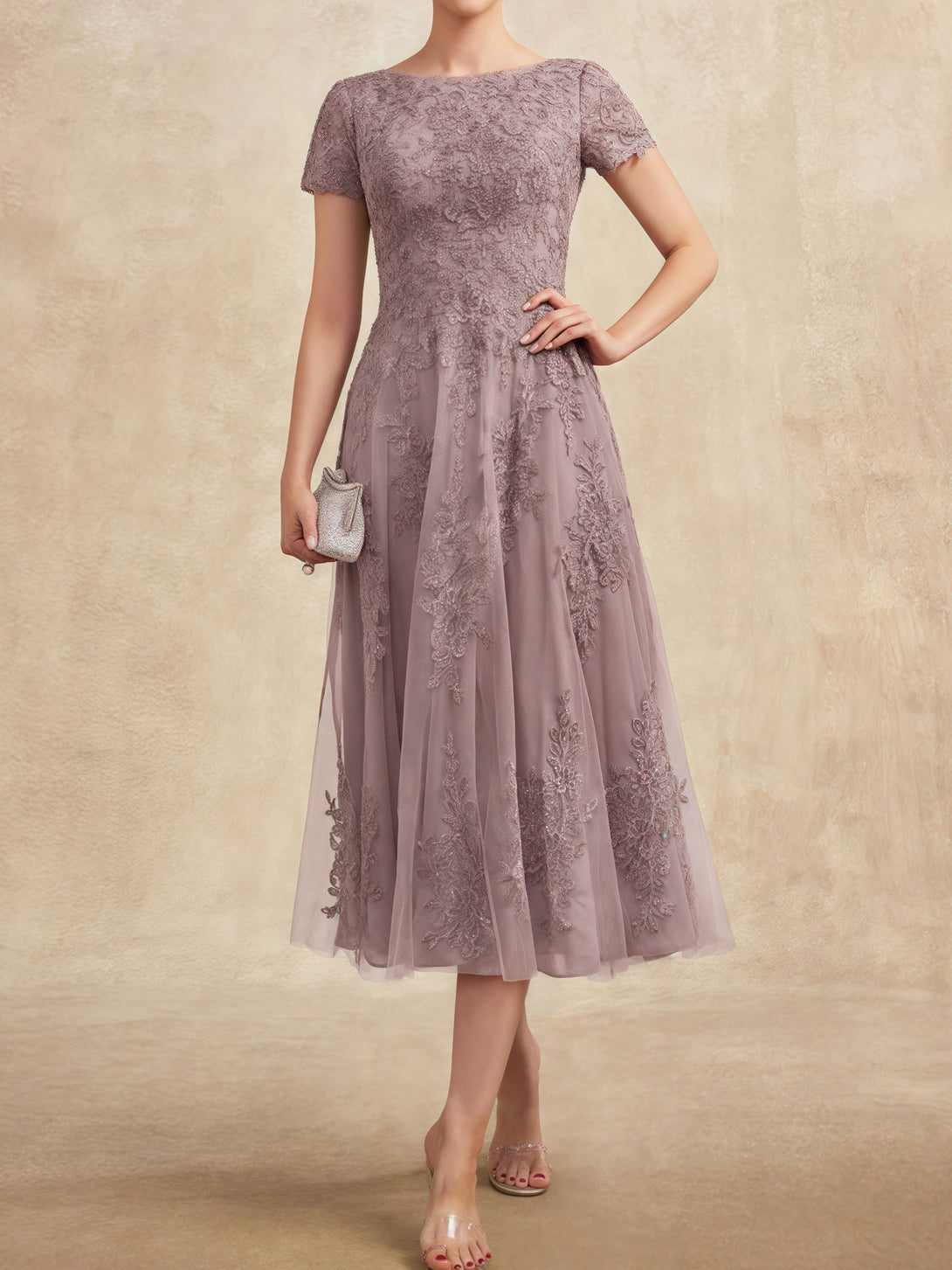 A-Line Scoop Neck Short Sleeve Tea-Length Tulle/Lace Mother of the Bride Dress With Appliques BabaMila