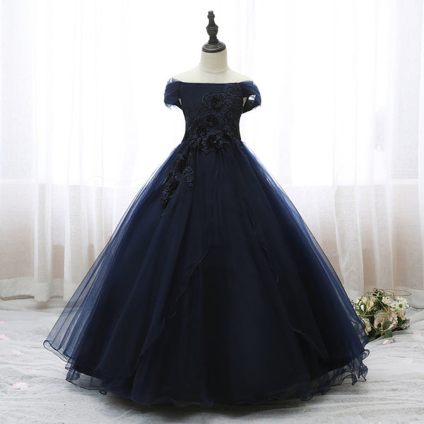 Off-the-shoulder Floor-Length Tulle/Satin Girls Birthday Dresses With 3D Flower Appliques/Belt Gidiondress