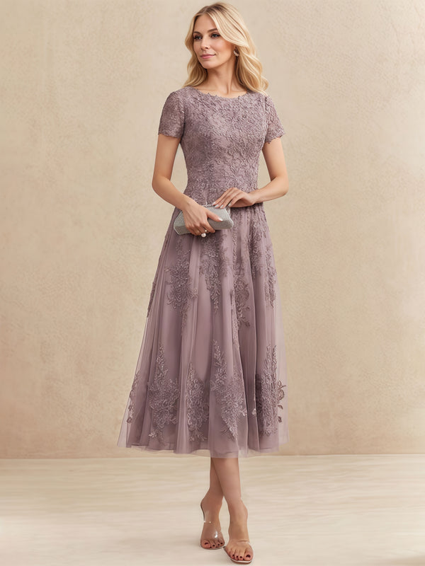 A-Line Scoop Neck Short Sleeve Tea-Length Tulle/Lace Mother of the Bride Dress With Appliques BabaMila