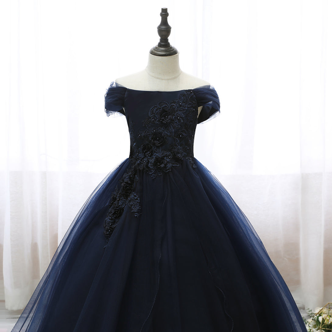 Off-the-shoulder Floor-Length Tulle/Satin Girls Birthday Dresses With 3D Flower Appliques/Belt Gidiondress