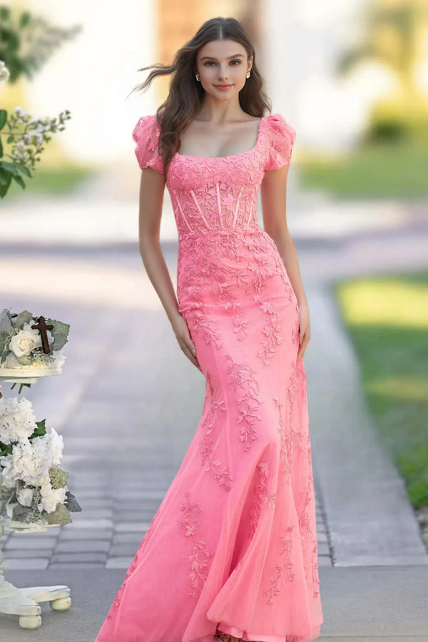 Trumpet/Mermaid Sweetheart Sweep Train Puff Sleeves Tulle Prom Dress with Appliqued Beading BabaMila
