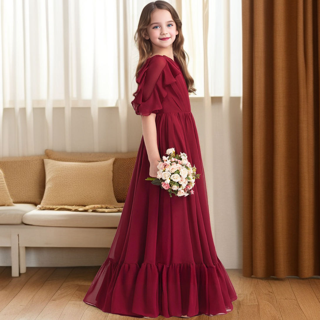 Scoop Neck Half Sleeve Floor-Length Chiffon Junior Bridesmaid Dress/Girls Birthday Dresses With Ruffled Hem/Pleated Girls Gidiondress