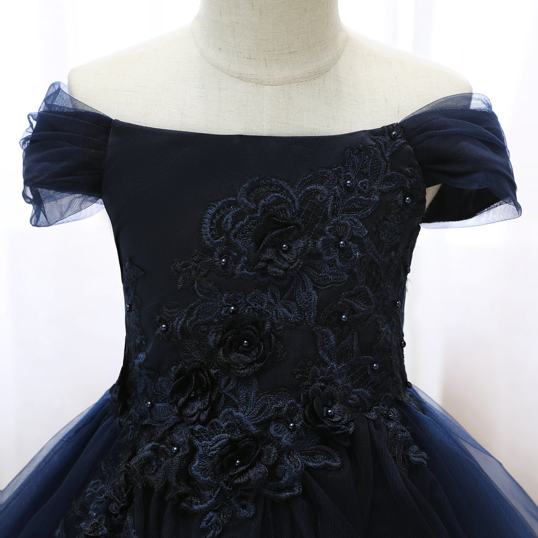Off-the-shoulder Floor-Length Tulle/Satin Girls Birthday Dresses With 3D Flower Appliques/Belt Gidiondress