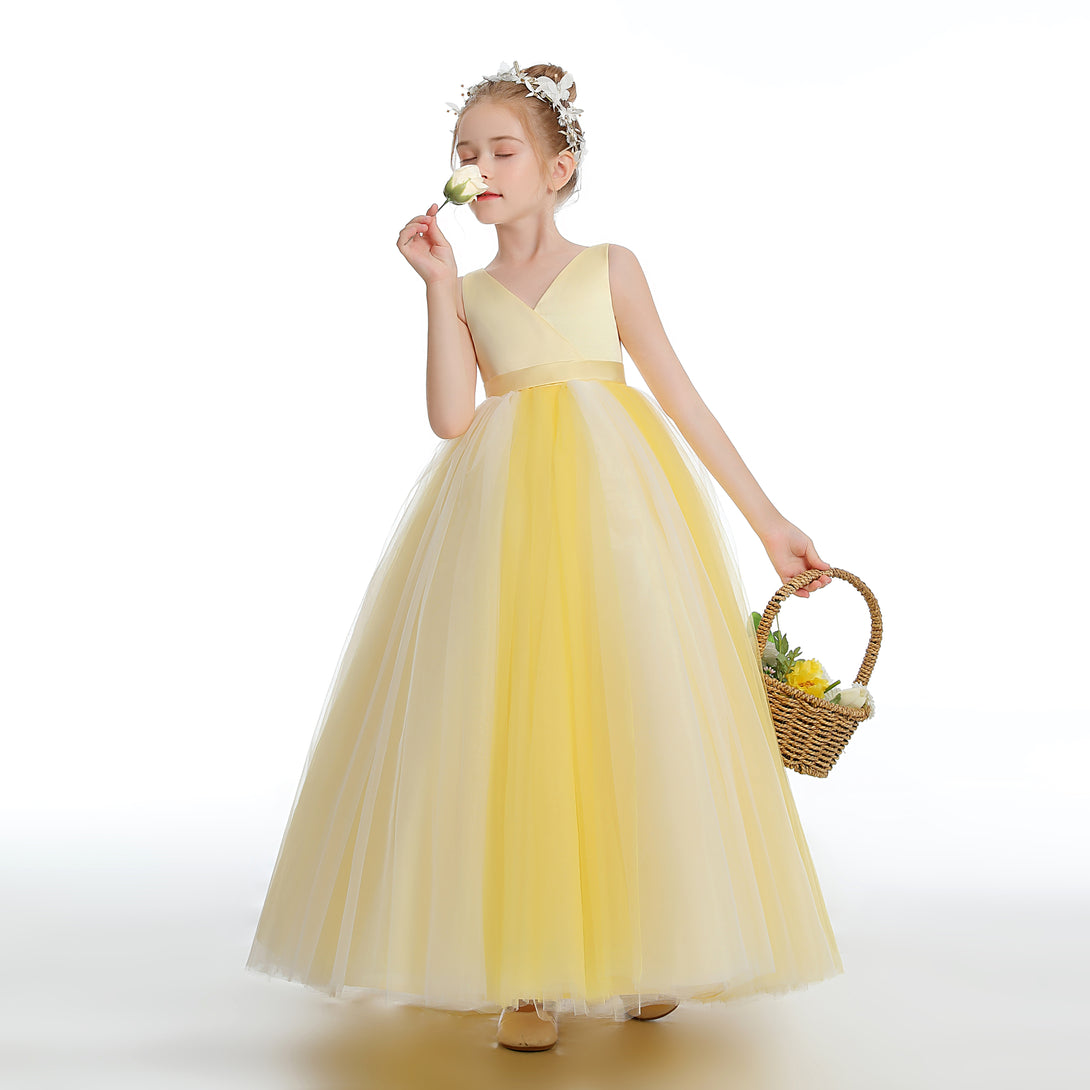 Ball Gown/Princess Sleeveless V-Neck Floor-Length Satin/Tulle Flower Girl Dresses With Belt Girls Gidiondress