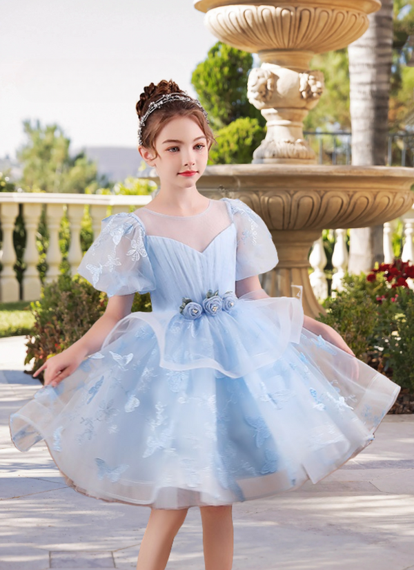 Scoop Neck Puff Sleeve Knee-Length Exquisite Lace/Tulle Girls Birthday Dresses With Pleated/Appliques/3D Flower Girls Gidiondress