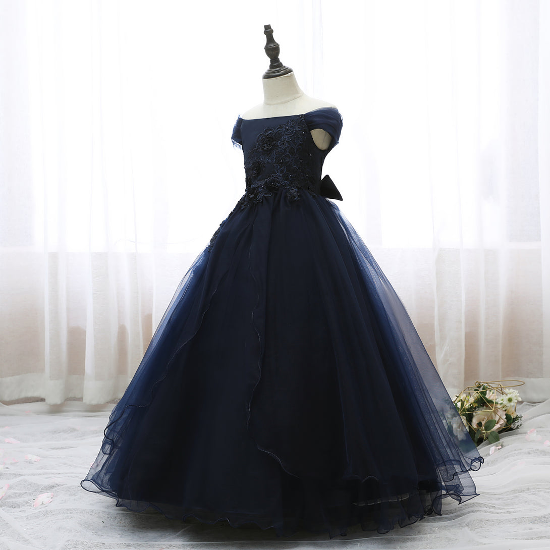 Off-the-shoulder Floor-Length Tulle/Satin Girls Birthday Dresses With 3D Flower Appliques/Belt Gidiondress