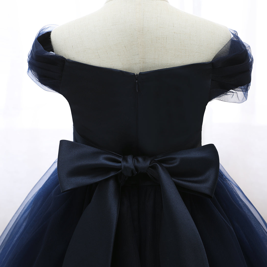 Off-the-shoulder Floor-Length Tulle/Satin Girls Birthday Dresses With 3D Flower Appliques/Belt Gidiondress