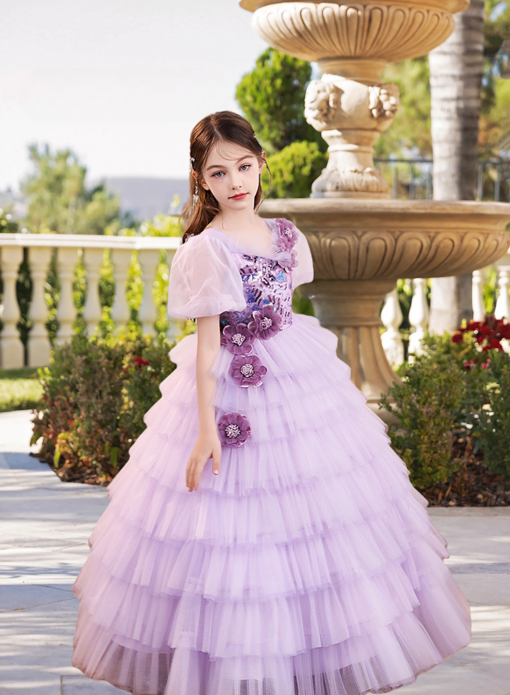 Scoop Neck Puff Sleeve Floor-Length Exquisite Sequins/Lace/Tulle Girl's Cake Dresses With Appliques/3D Flower Girls Gidiondress