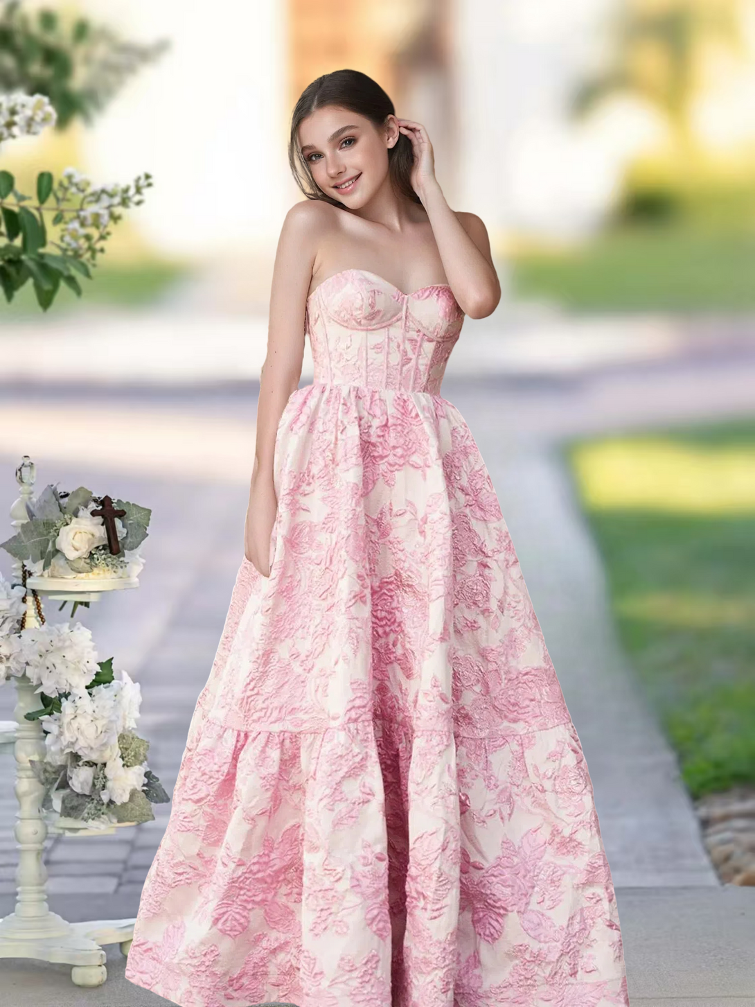 A-Line Sweetheart Floral Printed Long Prom Dresses BabaMila