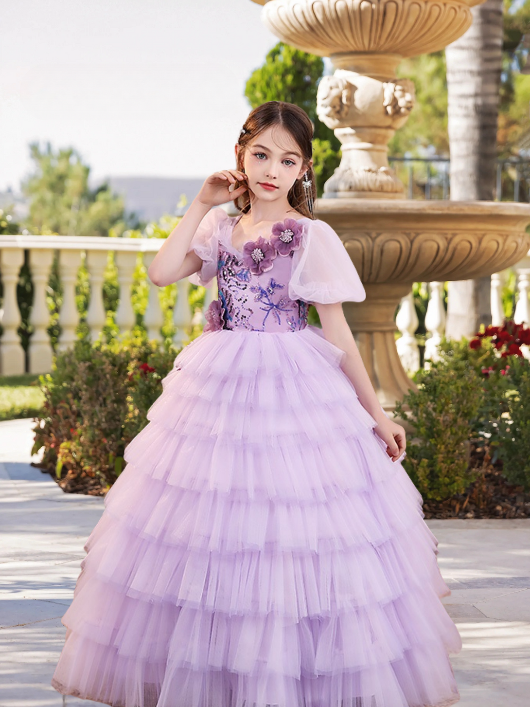 Scoop Neck Puff Sleeve Floor-Length Exquisite Sequins/Lace/Tulle Girl's Cake Dresses With Appliques/3D Flower Girls Gidiondress