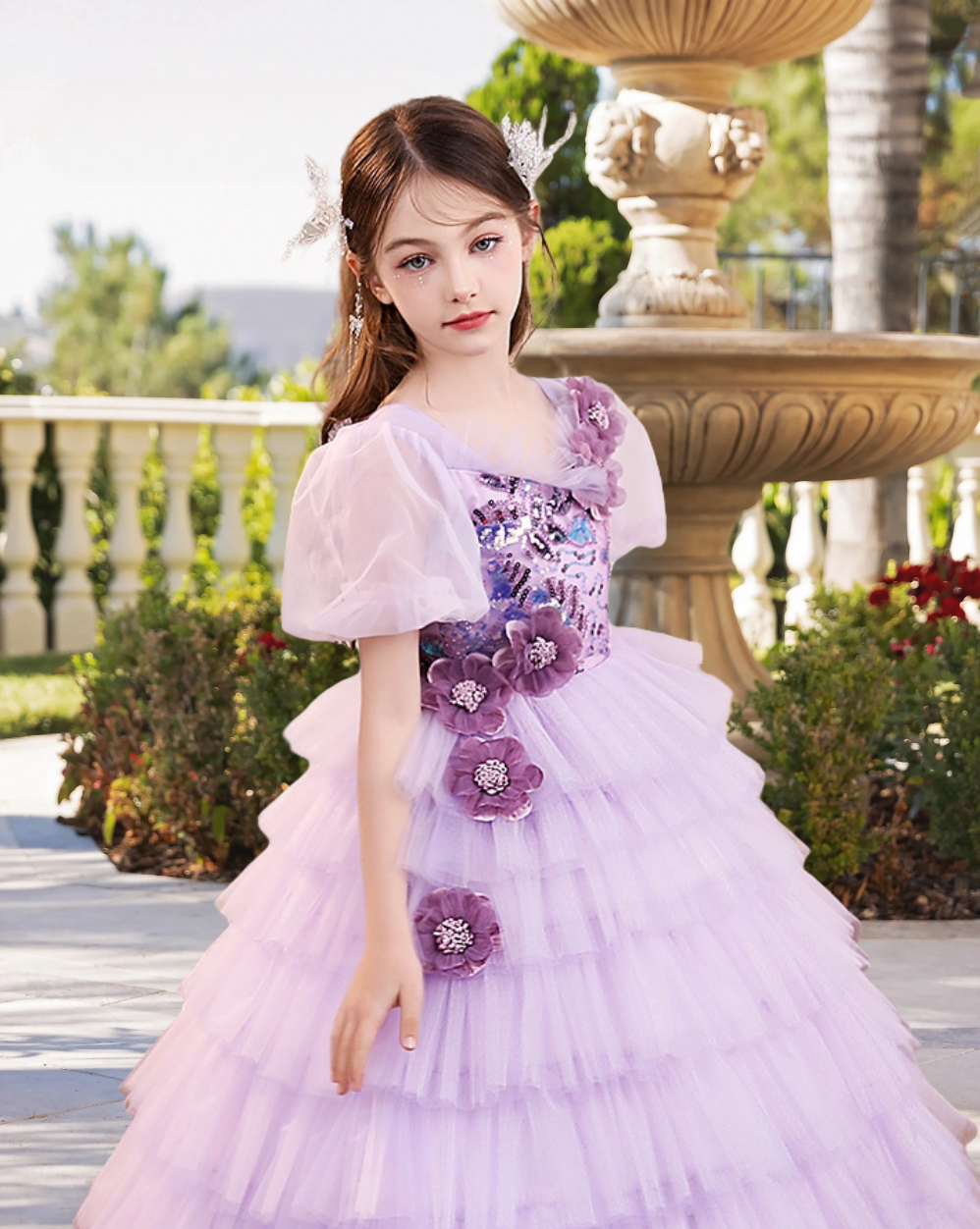 Scoop Neck Puff Sleeve Floor-Length Exquisite Sequins/Lace/Tulle Girl's Cake Dresses With Appliques/3D Flower Girls Gidiondress