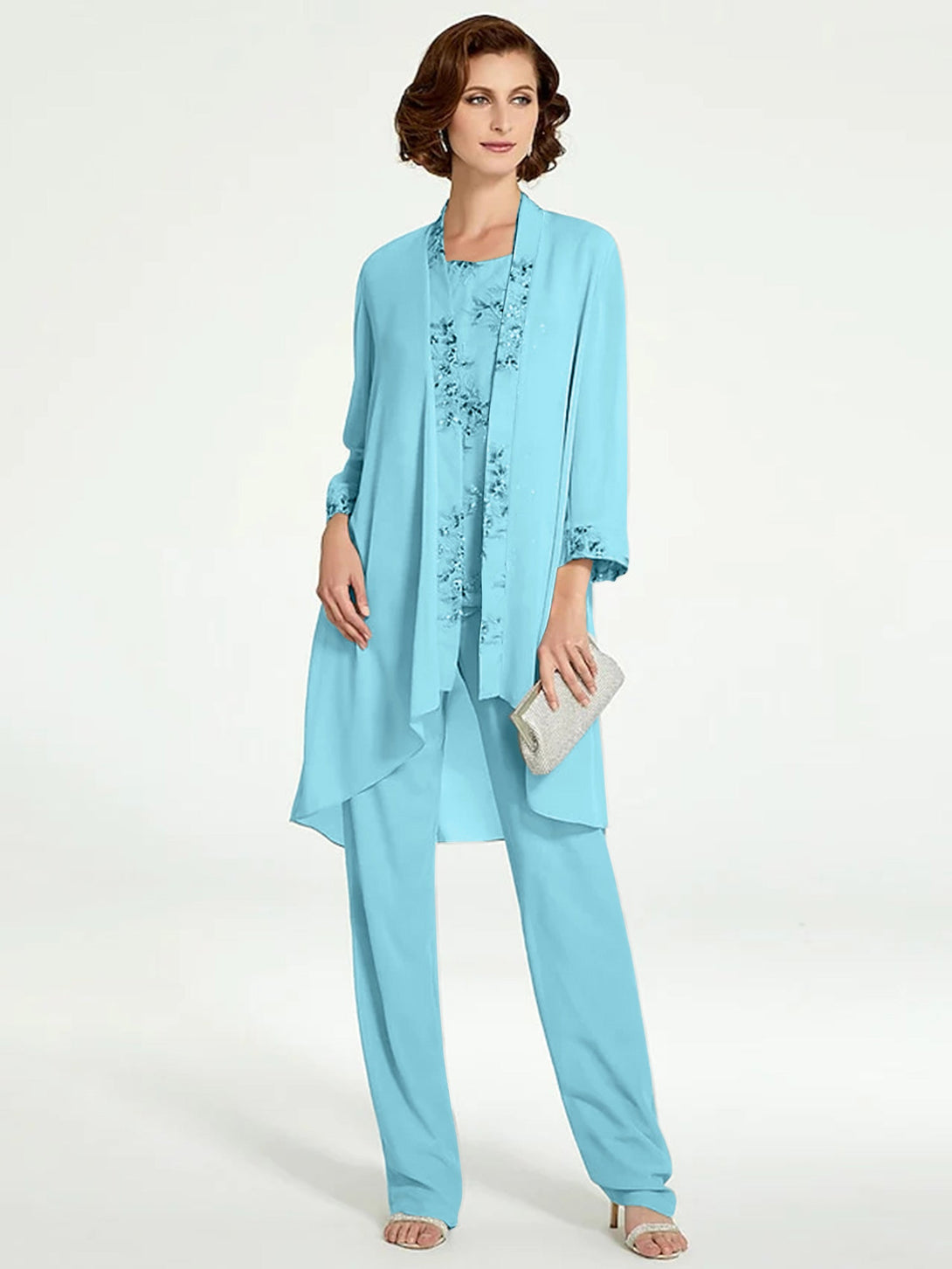Chiffon Round Neck Floor-Length Mother Of The Bride Pantsuits With Jacket BabaMila