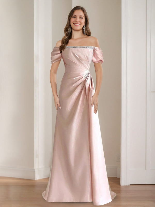 A-Line/Princess Off-the-shoulder Ruched Elegant Prom Dresses with Beadings/Lace-up BabaMila