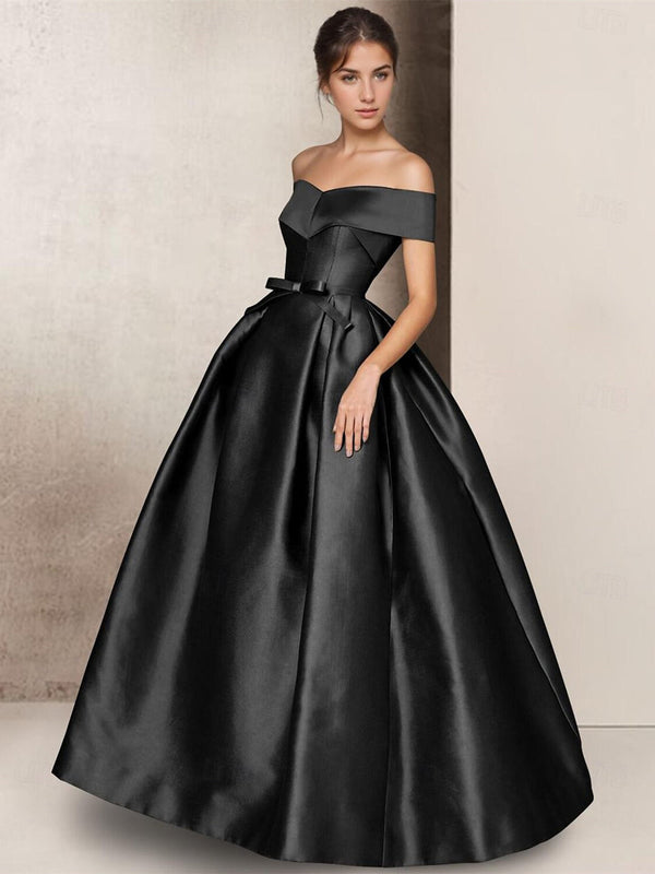 A-Line Strapless Off-the-shoulder Short Sleeve Floor Length Wedding Dresses Satin with Bow(s) BabaMila