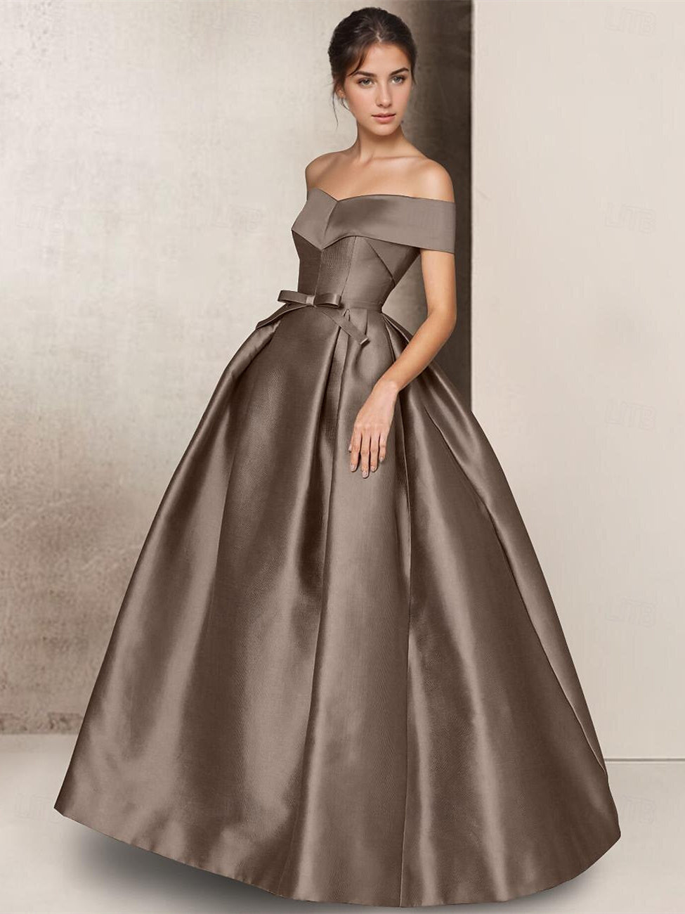 A-Line Strapless Off-the-shoulder Short Sleeve Floor Length Wedding Dresses Satin with Bow(s) BabaMila