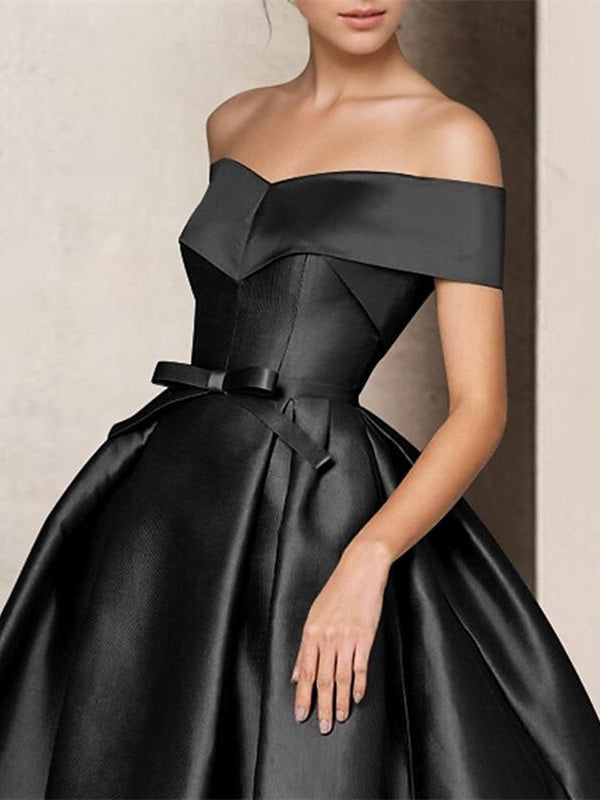 A-Line Strapless Off-the-shoulder Short Sleeve Floor Length Wedding Dresses Satin with Bow(s) BabaMila
