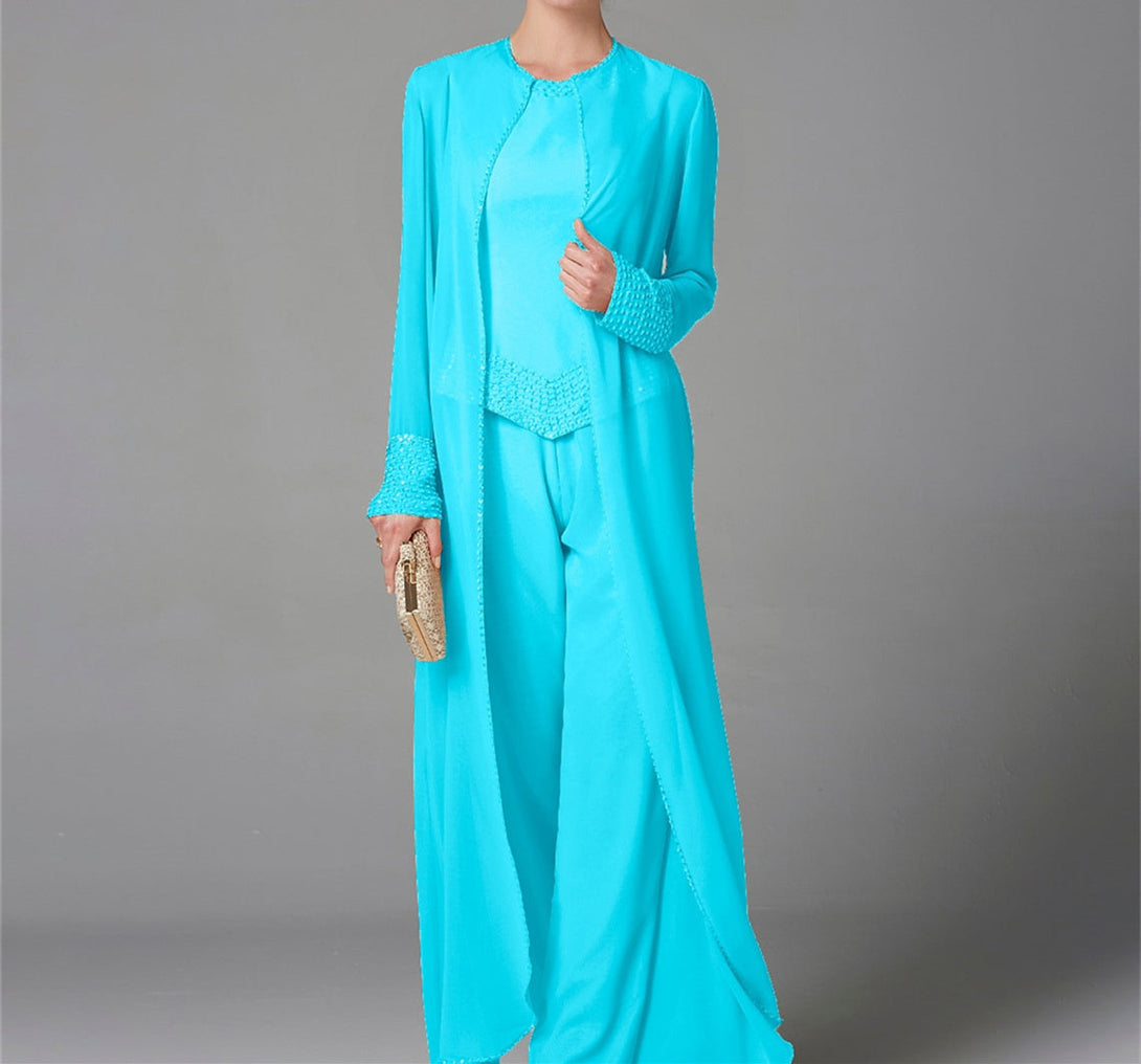 Chiffon Long Sleeves Mother Of The Bride Pantsuits With Jacket & Sequins BabaMila