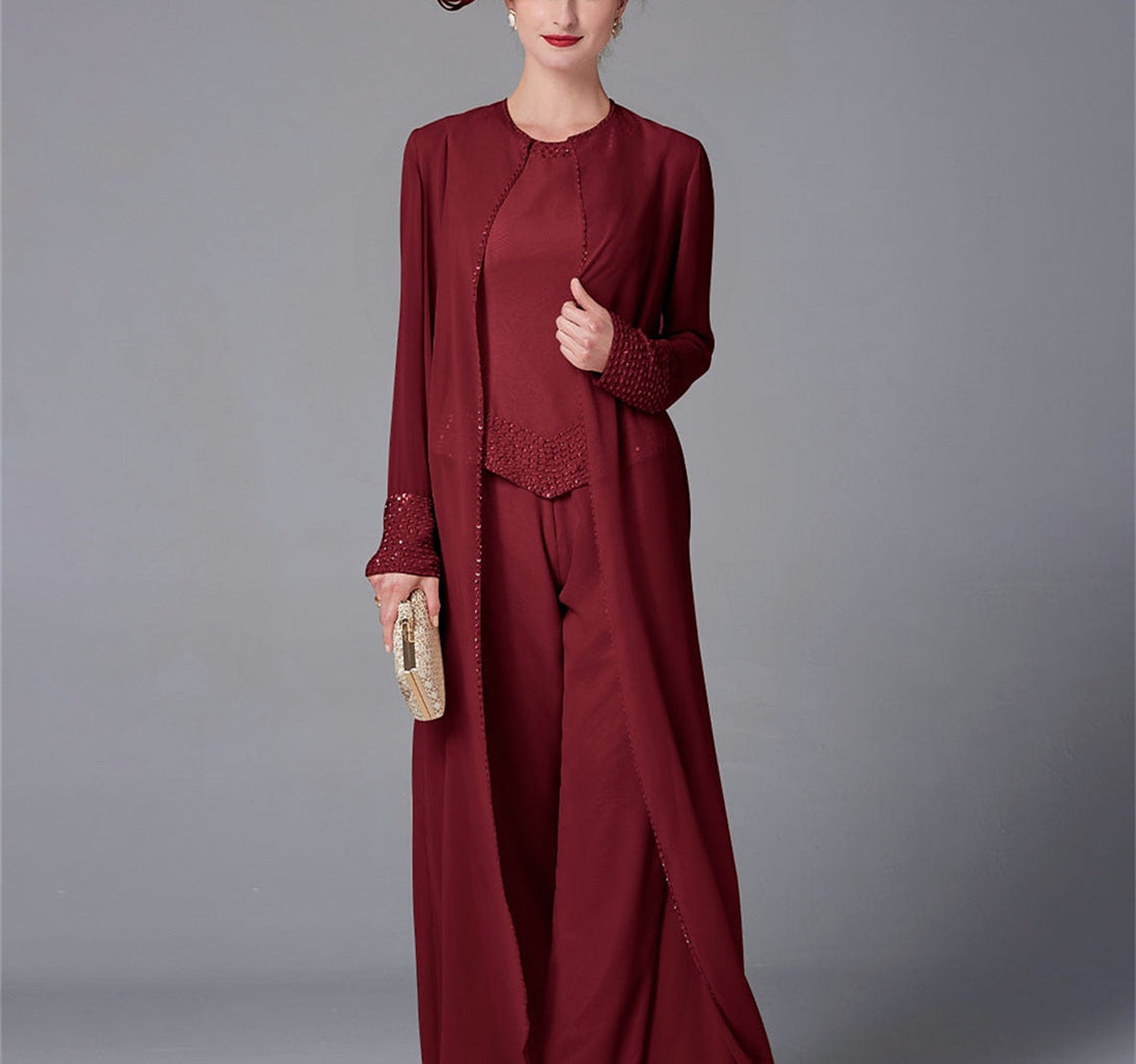 Chiffon Long Sleeves Mother Of The Bride Pantsuits With Jacket & Sequins BabaMila