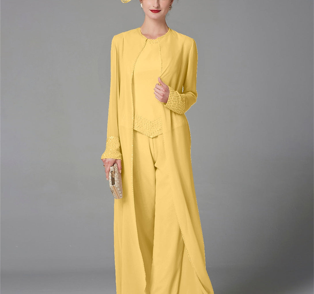 Chiffon Long Sleeves Mother Of The Bride Pantsuits With Jacket & Sequins BabaMila