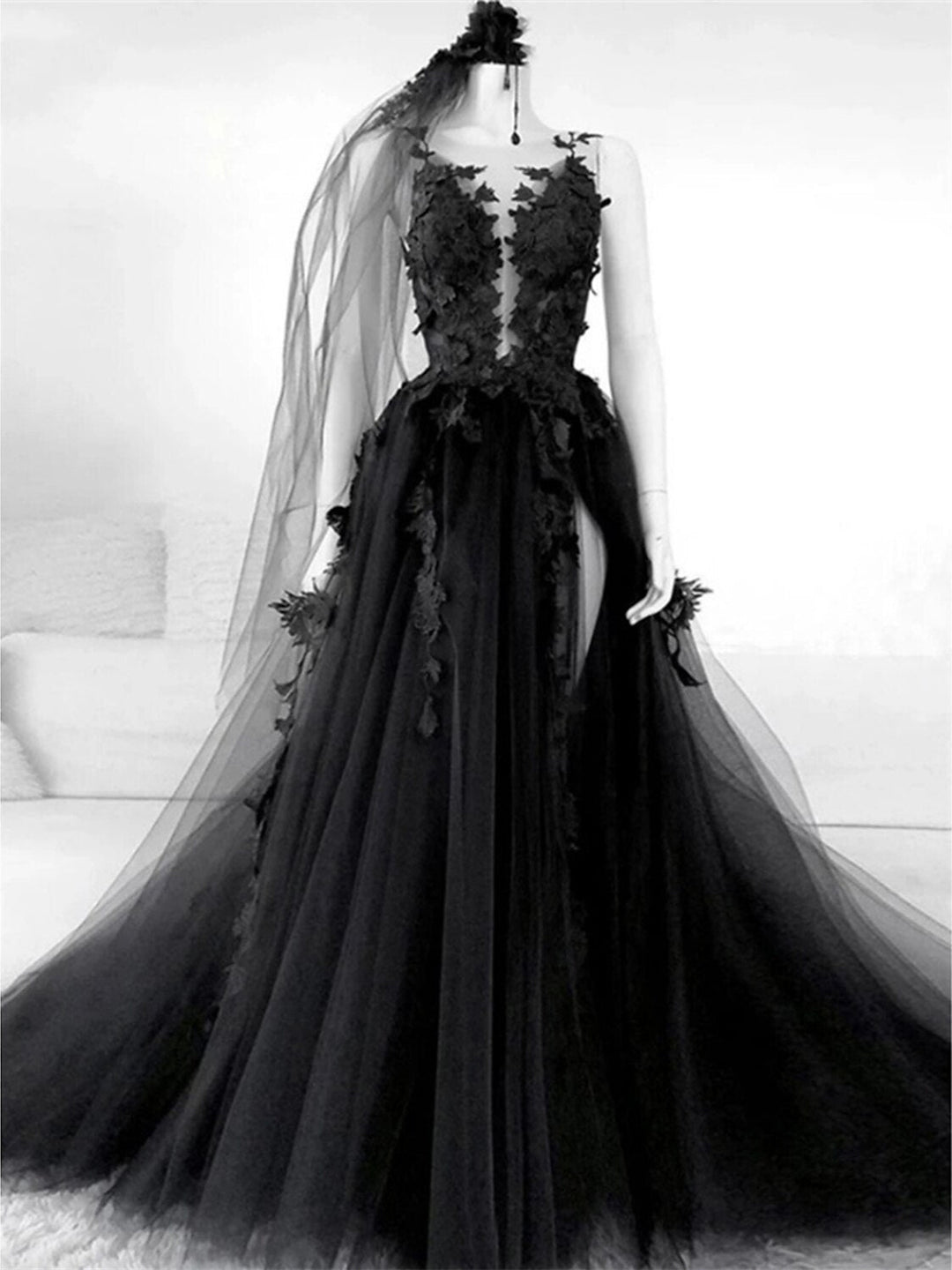 A-Line/Princess Illusion Neck Sleeveless Evening Dresses With Pleats Slit Appliques BabaMila